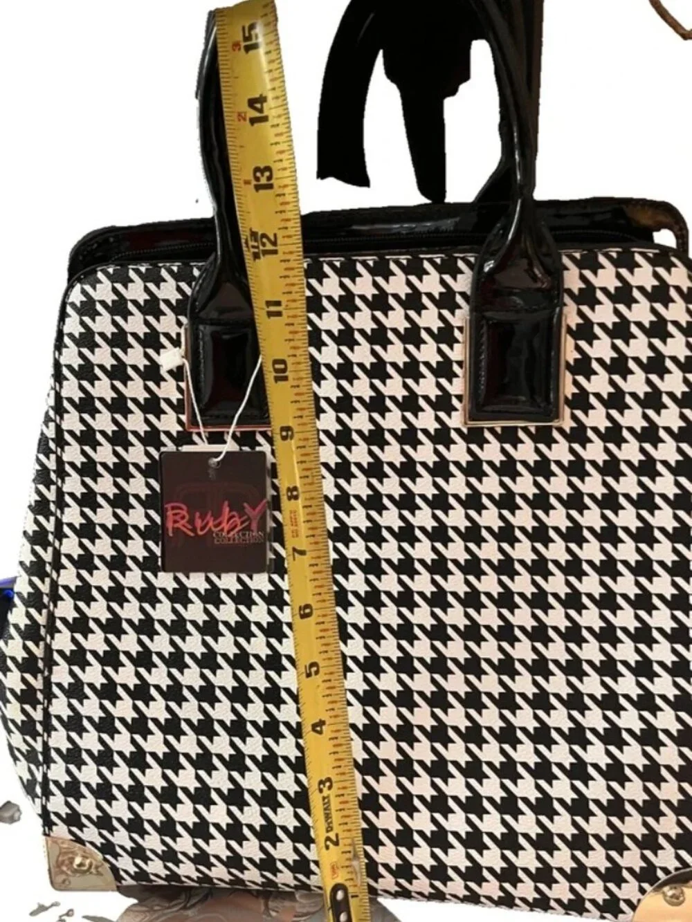 Ruby Collection Houndstooth Satchel Black White Bowler Handbag Gold Trim USA NWT